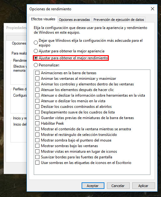 Opciones de rendimiento y efectos visuales de Windows